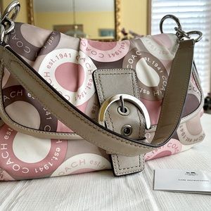 Pre-owned Coach shoulder bag; pink white taupe & silver hardware; cloth/leather